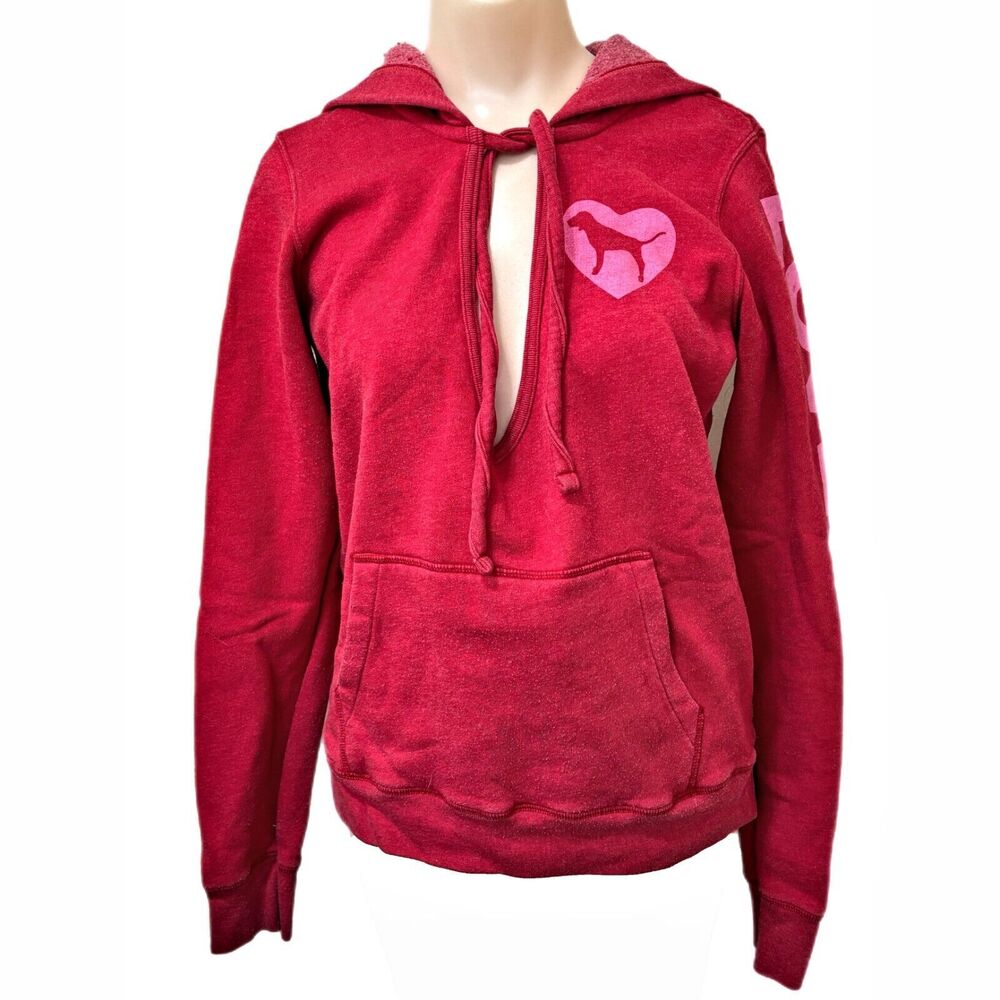 Victoria Secret Y2K Red Hoodie V Neck Spellout Medium Dog Logo Designer Vintage